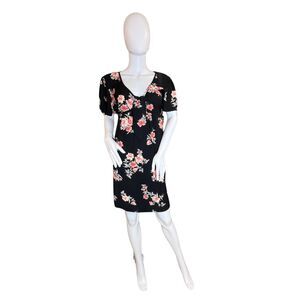 Xhileration Mini Dress Large Black Coral Floral Flutter Sleeve Babydoll Dress